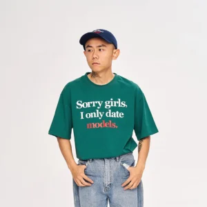 Dark green oversized graphic T-shirt with Sorry Girls I Only Date Models slogan print Korean streetwear style