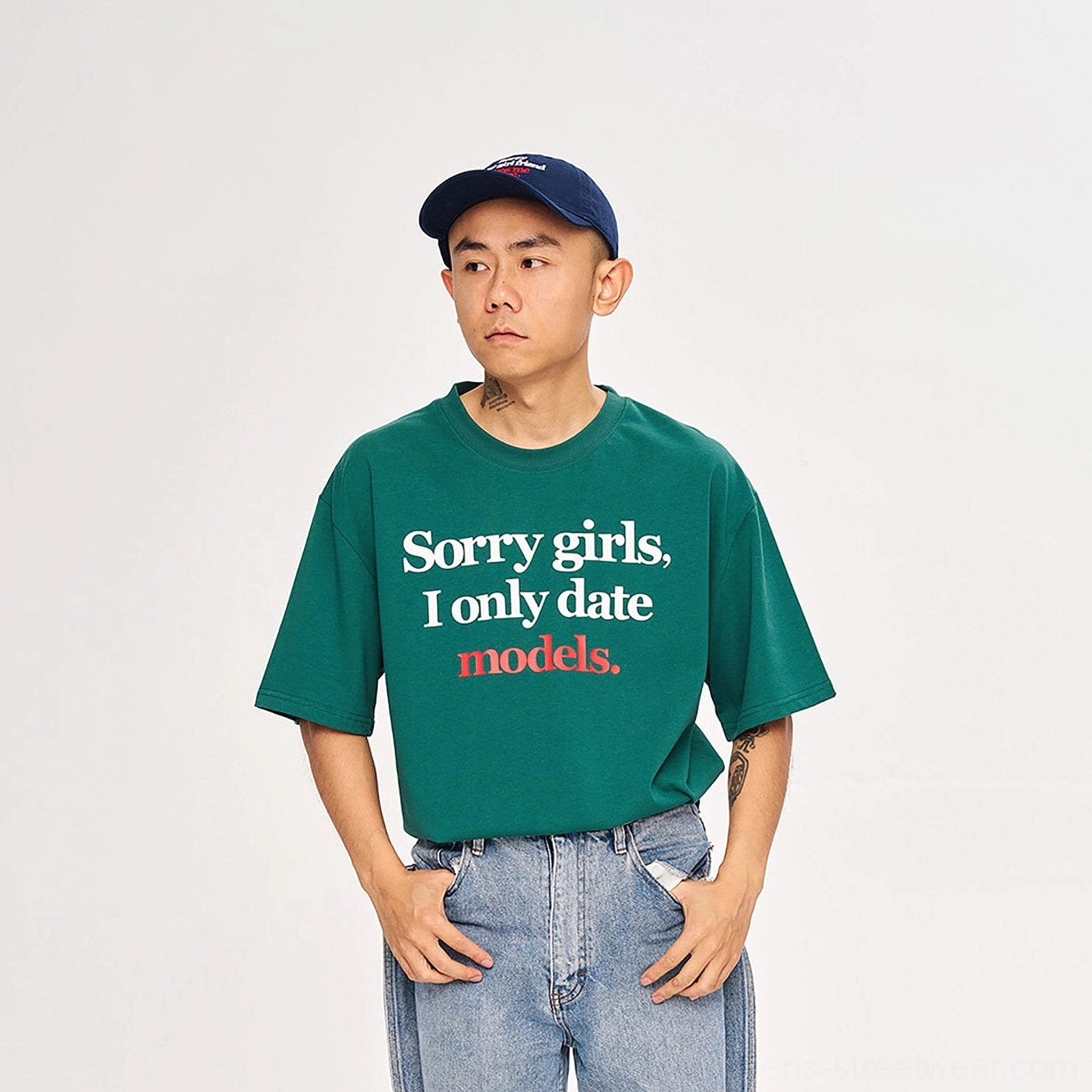 Dark green oversized graphic T-shirt with Sorry Girls I Only Date Models slogan print Korean streetwear style