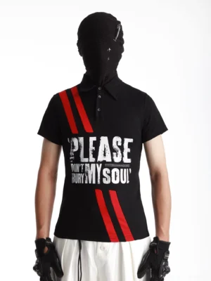 Front full-body view of black Soul Requiem racing polo shirt with red diagonal stripes distressed white graphic print and short sleeves