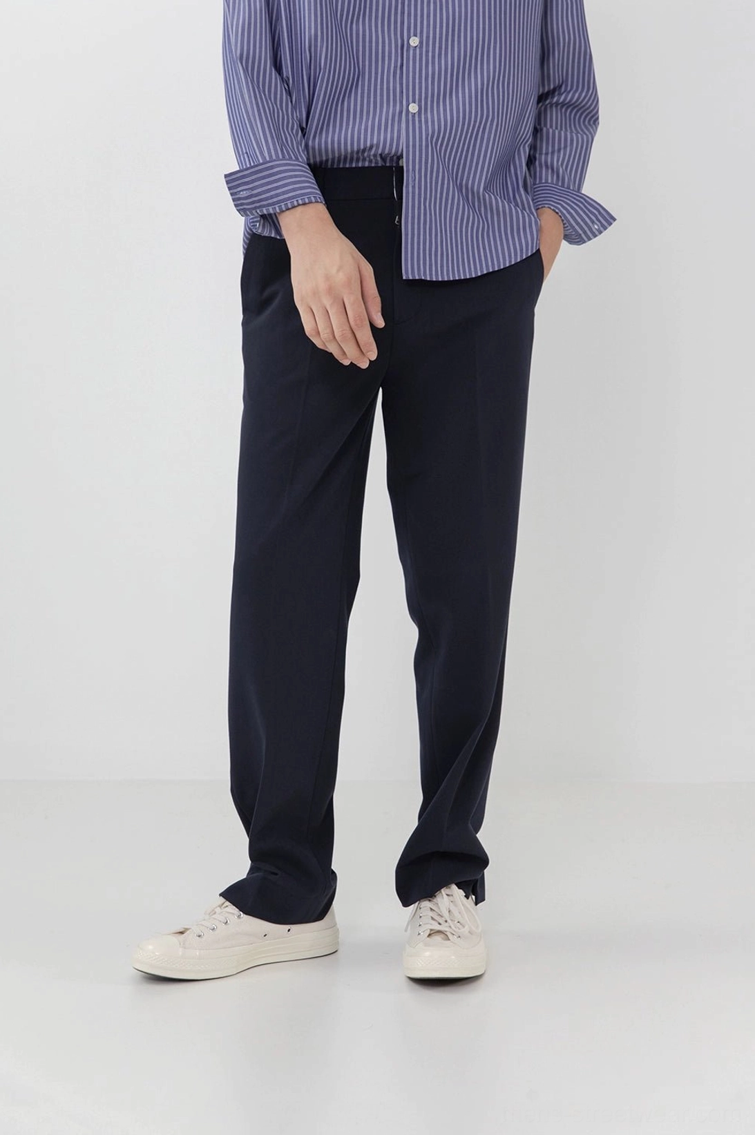 Split hem pants styled with oversized outerwear Acubi aesthetic minimalist