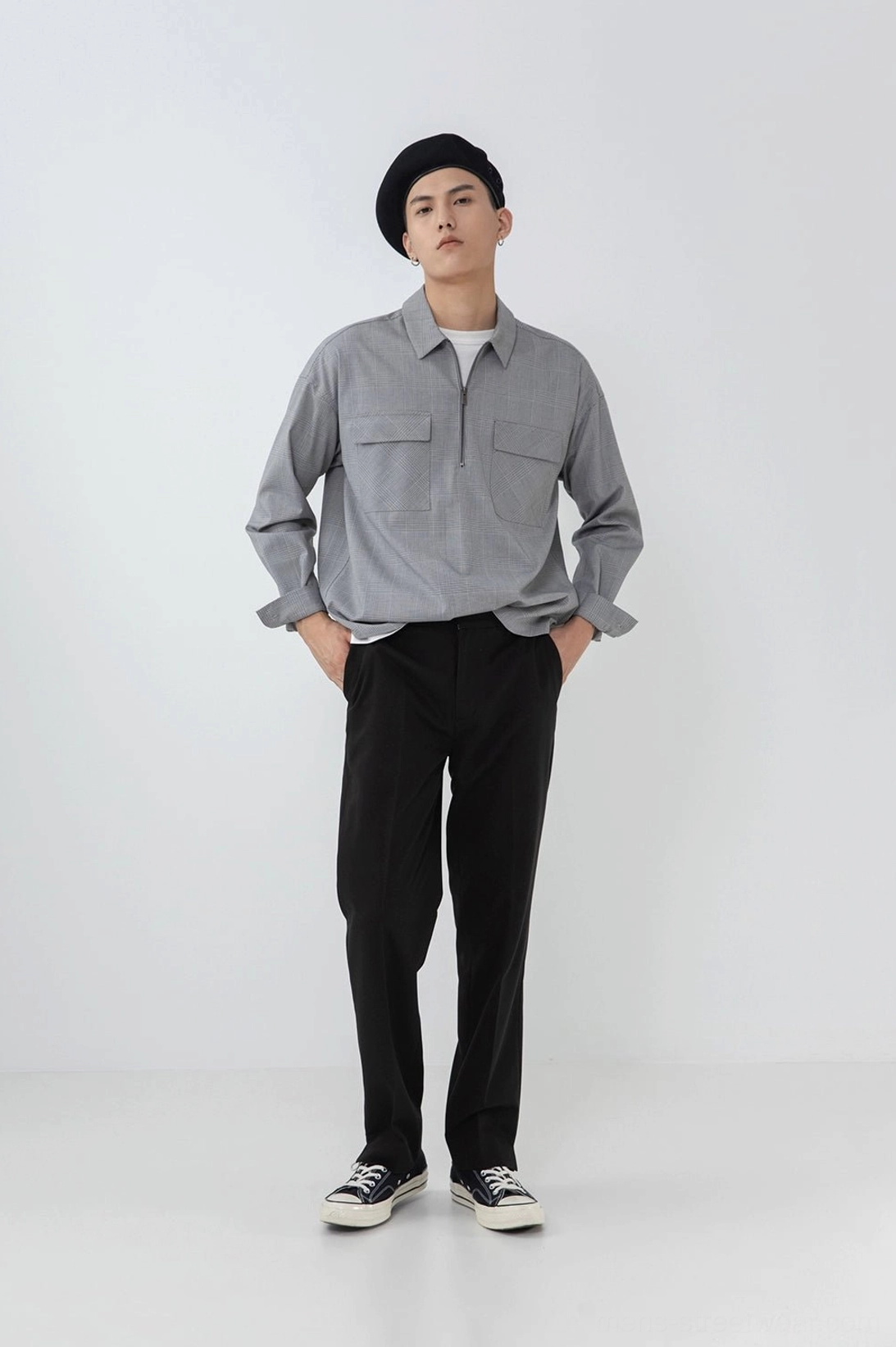 Split hem straight pants double opening back welt pocket design detail