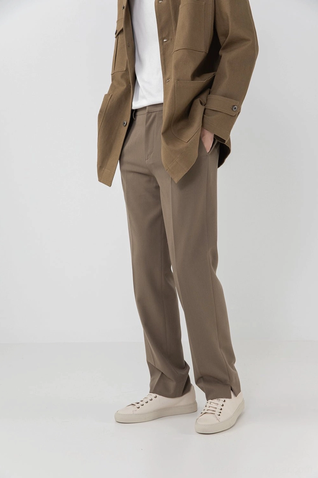 Split hem straight pants fabric texture polyester viscose spandex blend close-up