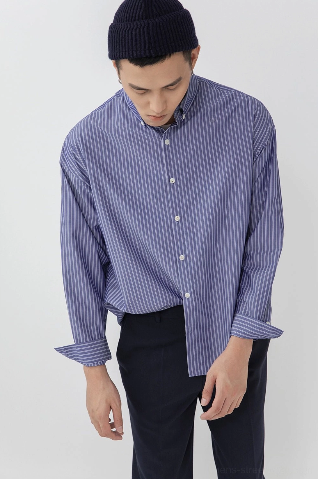 Split hem straight pants monochromatic styling minimalist urban aesthetic