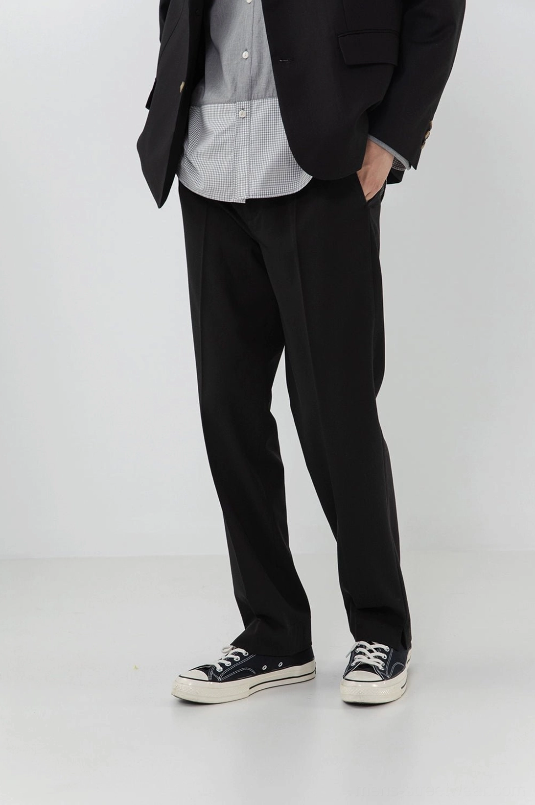 Split hem straight pants relaxed leg shape comfort fit design