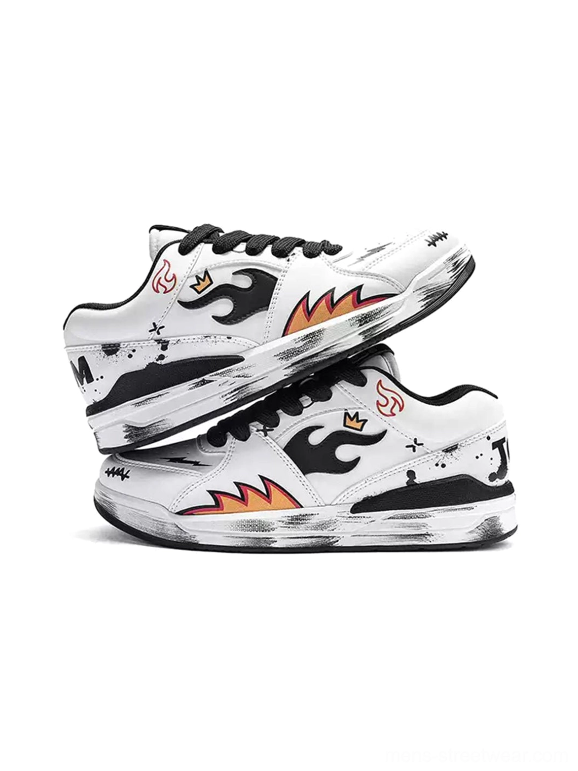 Stacked flame graphic court sneakers viewed from above, highlighting the graffiti side panels, black trim, and vintage distressed outsole