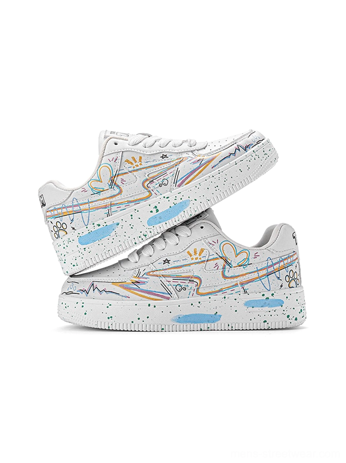 Stacked pair of graffiti court sneakers displaying colorful heart and line graphics with green speckled details on the white outsole