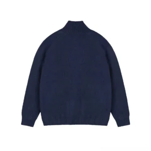 Dark blue stand collar wool cardigan back view showing clean knit panel and ribbed hem