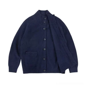 Dark blue stand collar RWS wool cardigan with raglan sleeves and front patch pockets flat lay front view