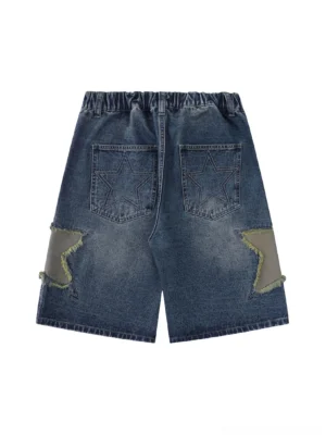 Back flat lay view of blue star patch denim shorts showing elasticated waistband belt loops star embroidered back pockets and frayed rear thigh patches