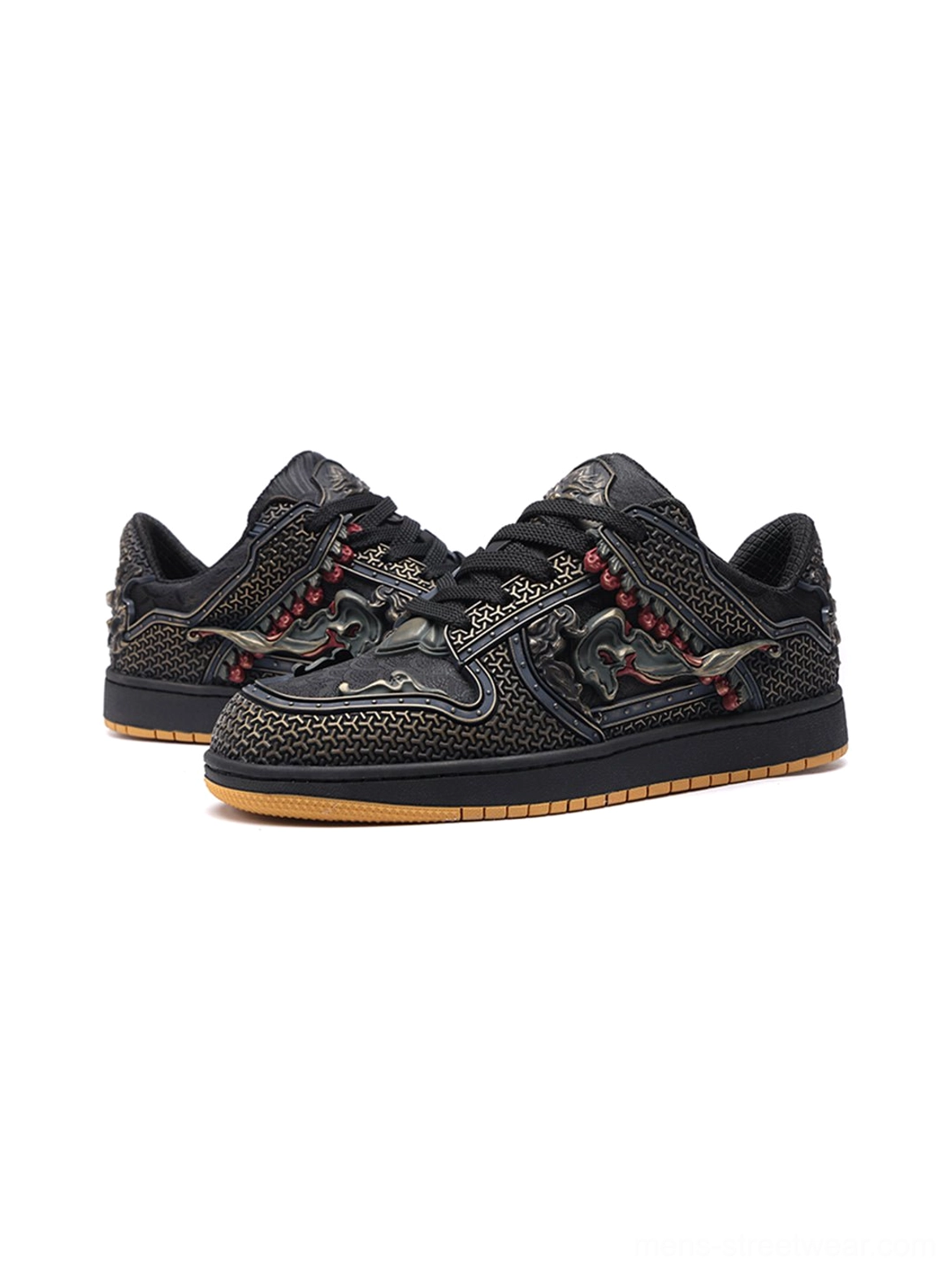 Statement black dragon sneakers for Seoul streetwear styling with decorative side details and contrast outsole