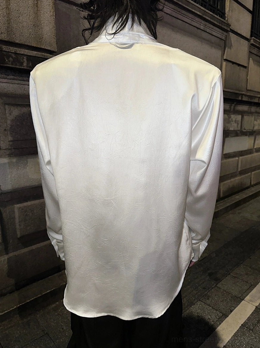 Statement mens satin shirt with plunging V-neck, long sleeves, and oversized streetwear proportions