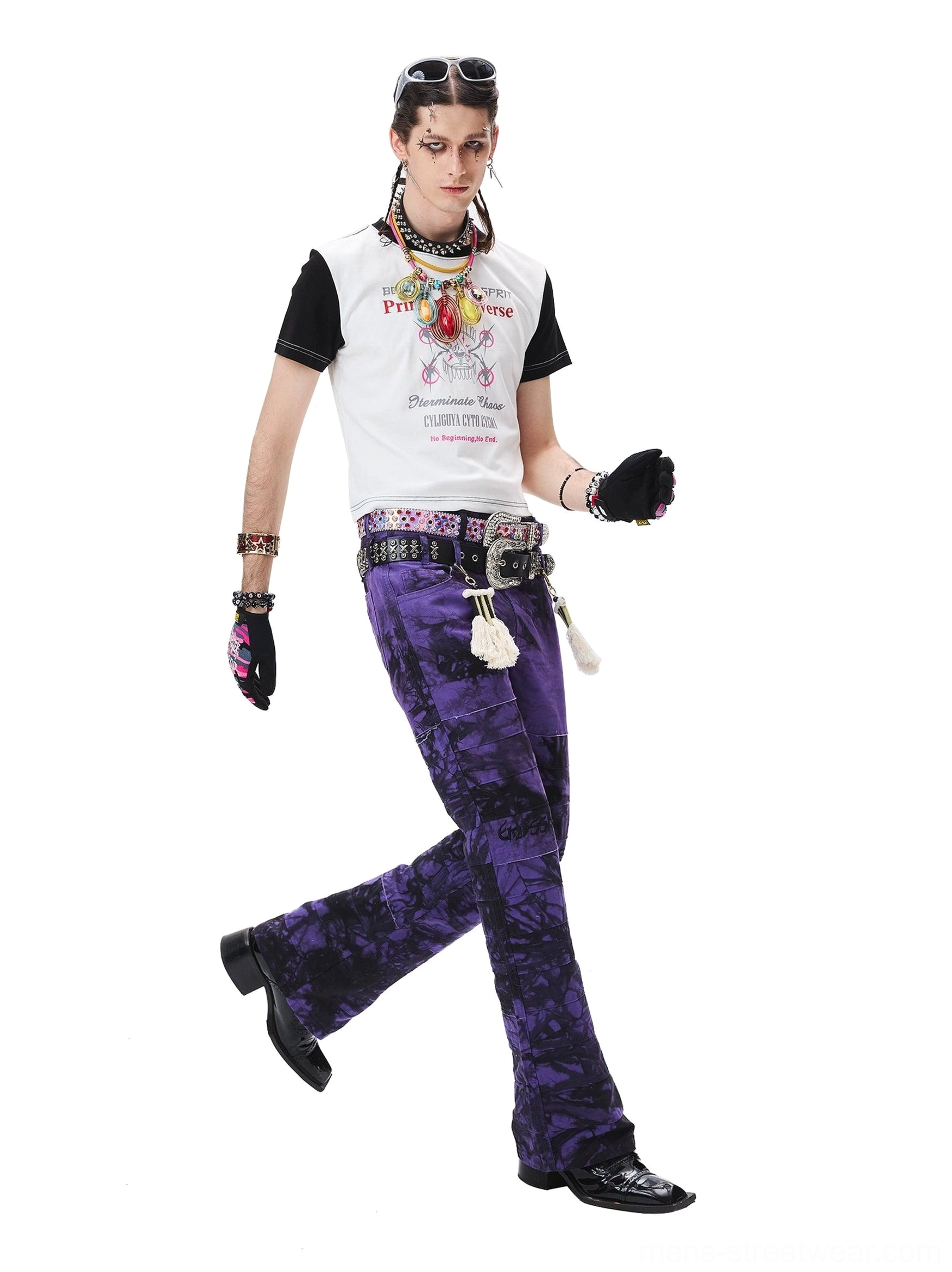 Statement purple tie-dye flared trousers for dark streetwear, Seoul fashion, and gender-fluid styling