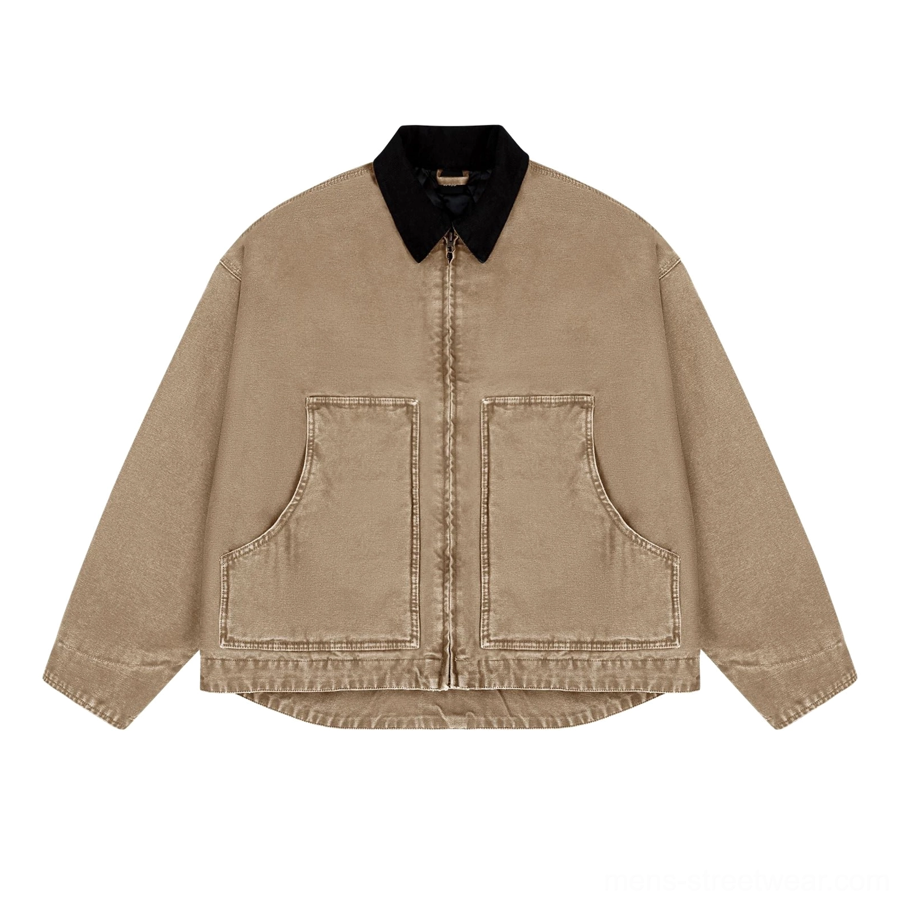 Statement streetwear work jacket suitable for beige, berry red, and peacock blue color styling with layered outfits