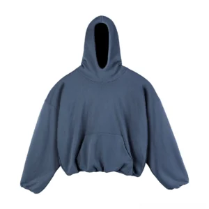 Steel blue oversized cropped fleece-lined hoodie flat lay front display elasticated hem face-cut hood street style