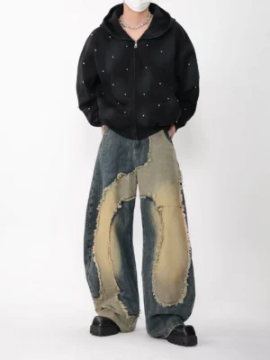 Black oversized rhinestone studded zip hoodie with hands in pockets showing relaxed dropped-shoulder Seoul streetwear fit