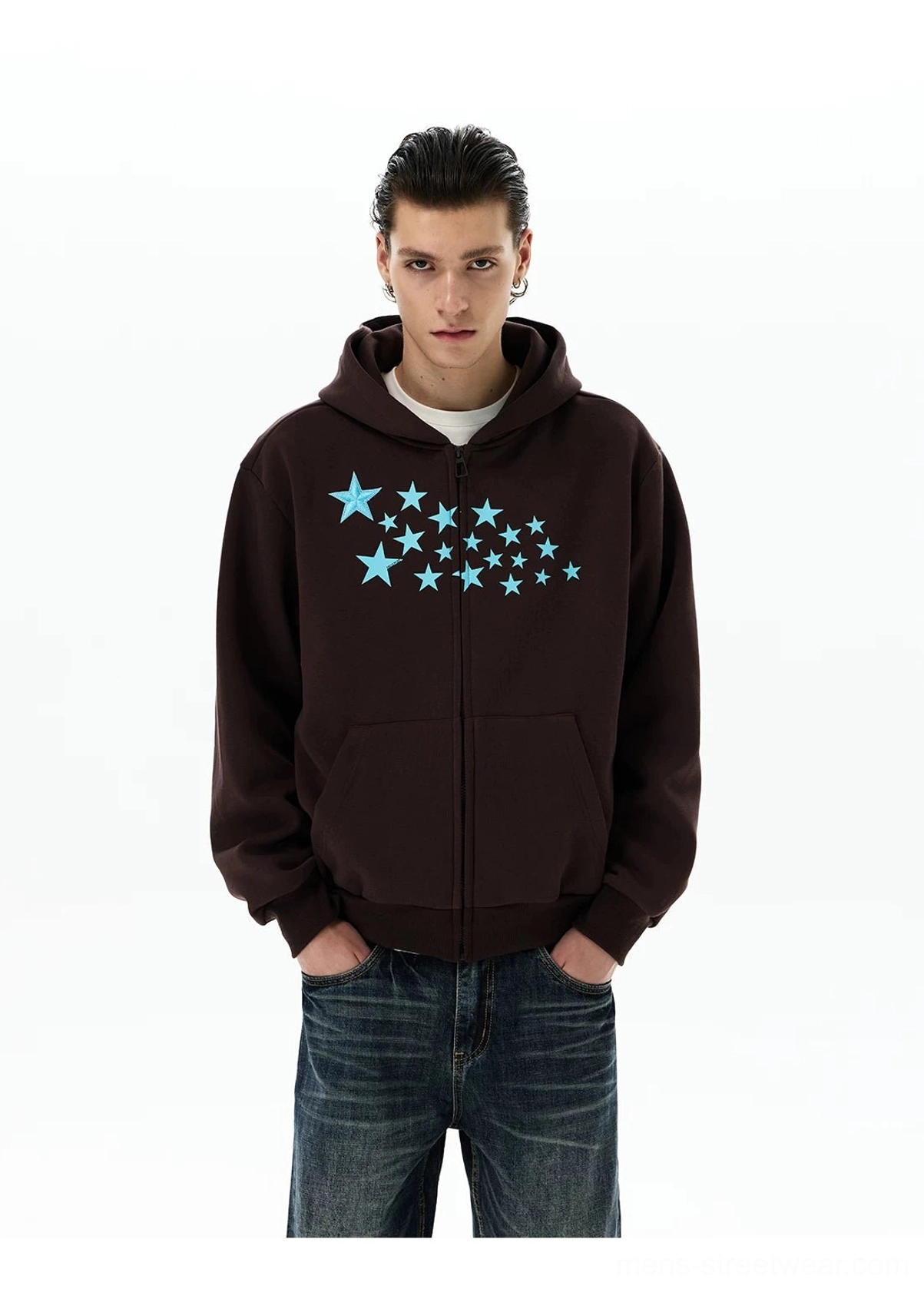 Brown Stellar Drift star print oversized zip-up hoodie with cyan and blue chest stars and split kangaroo pocket