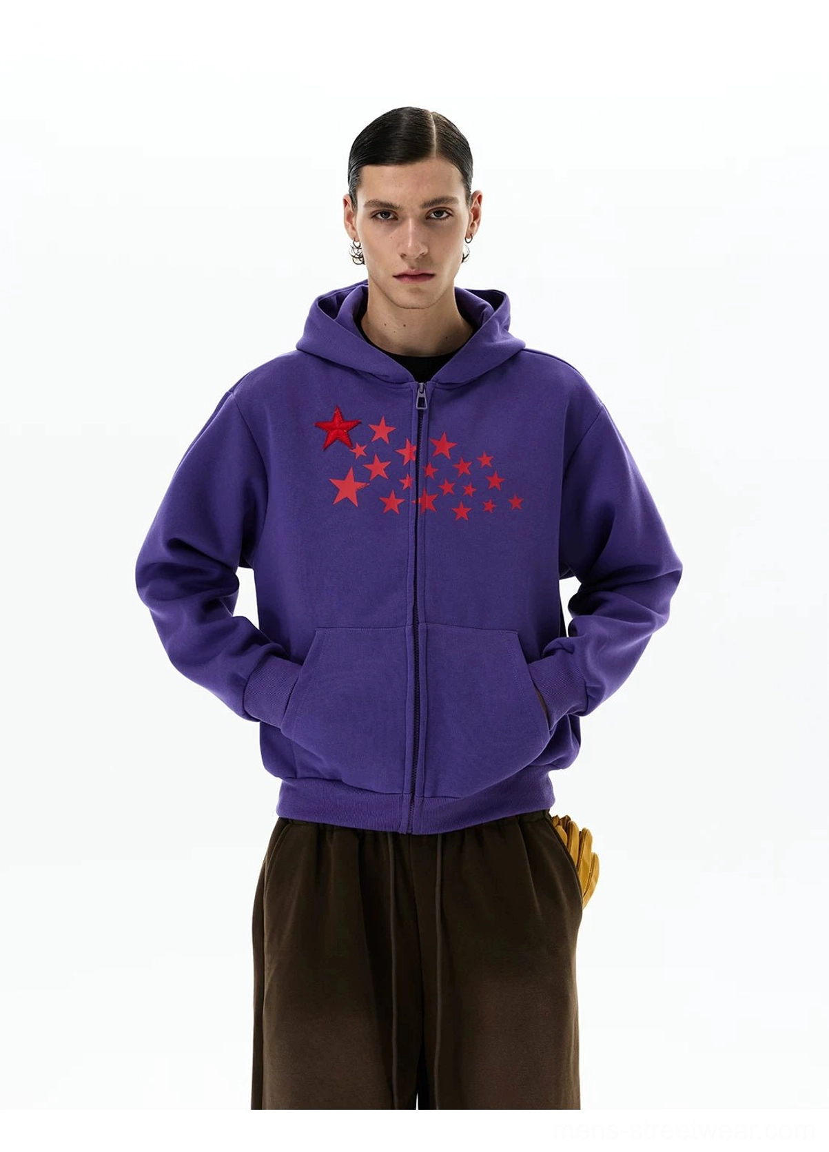 Purple Stellar Drift star print oversized zip-up hoodie with red chest graphic and ribbed cuffs, front detail view