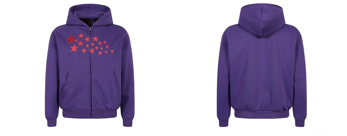 Purple Stellar Drift star print oversized zip-up hoodie front and back flat lay showing hood and kangaroo pockets