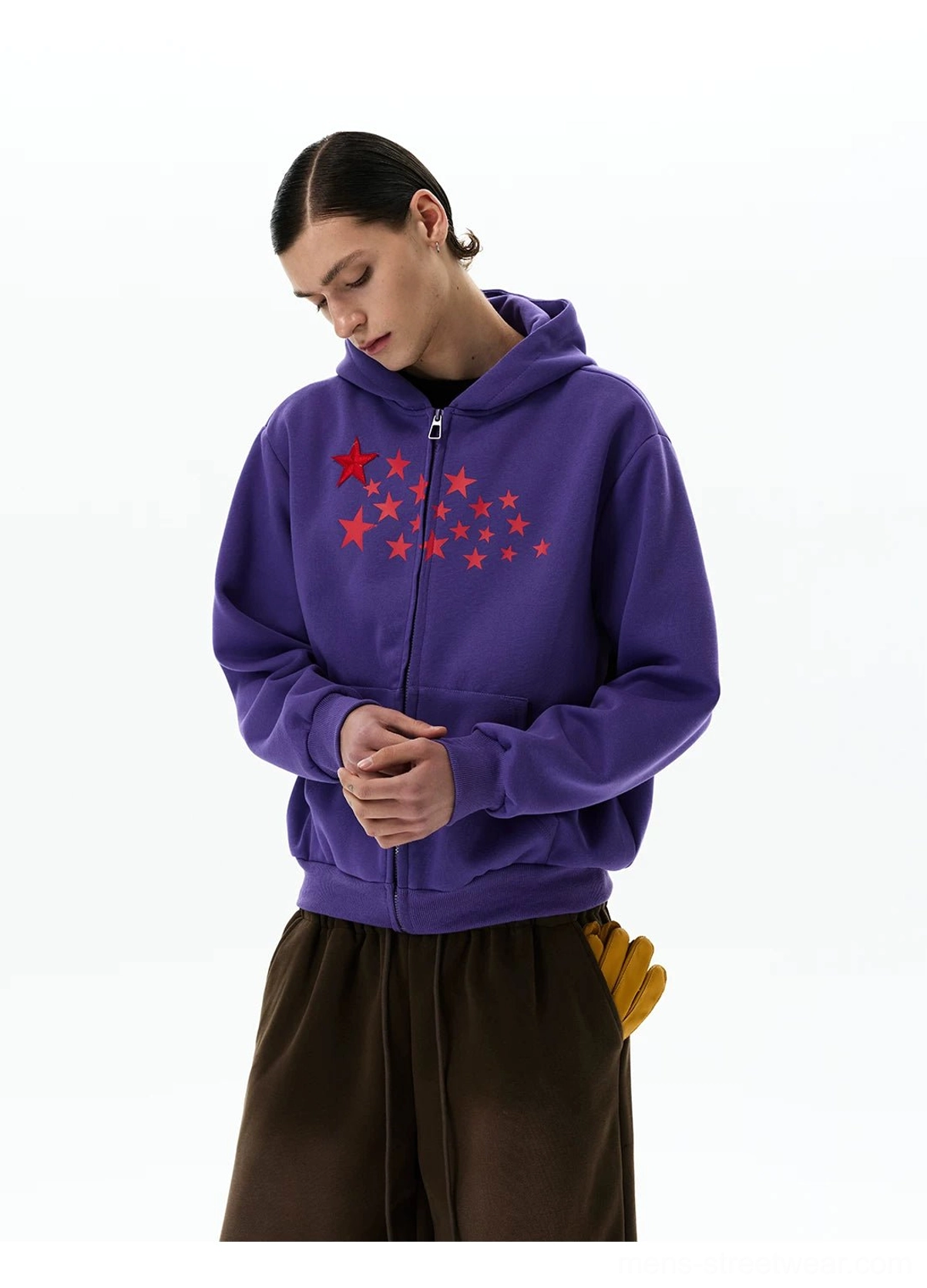 Purple Stellar Drift star print zip-up hoodie side front view showing relaxed dropped-shoulder streetwear silhouette