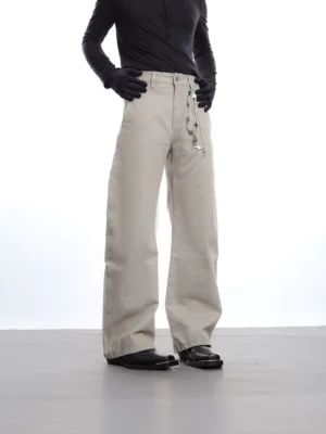 Light apricot Stormchain lightning chain wide-leg streetwear trousers front full-body view on model