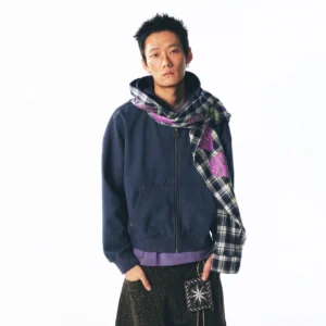 Front full-body view of navy oversized strawberry plaid scarf zip-up hoodie styled with a purple layered top in Korean streetwear outfit
