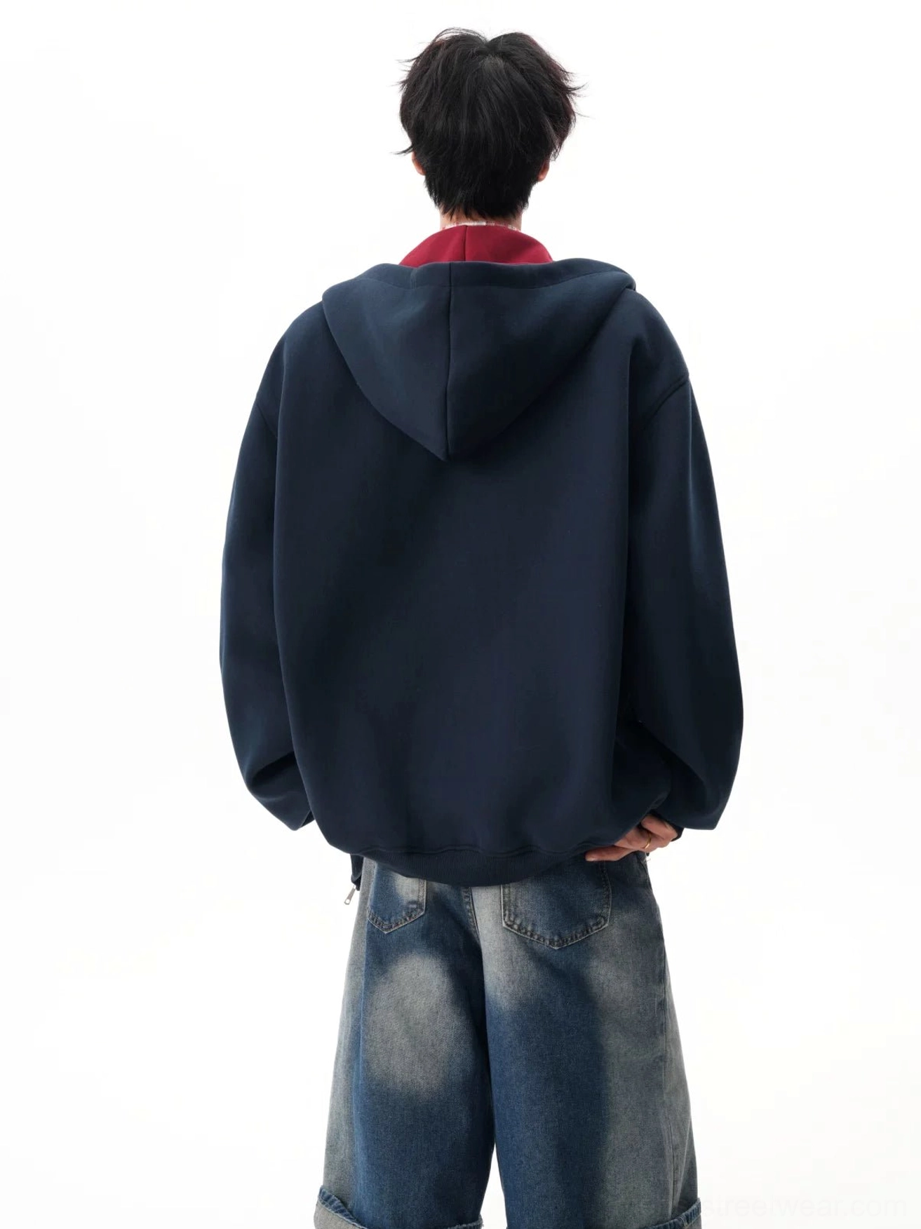 Streetwear fleece zip-up hoodie with roomy body, dropped shoulders, adjustable drawstrings, and casual utility