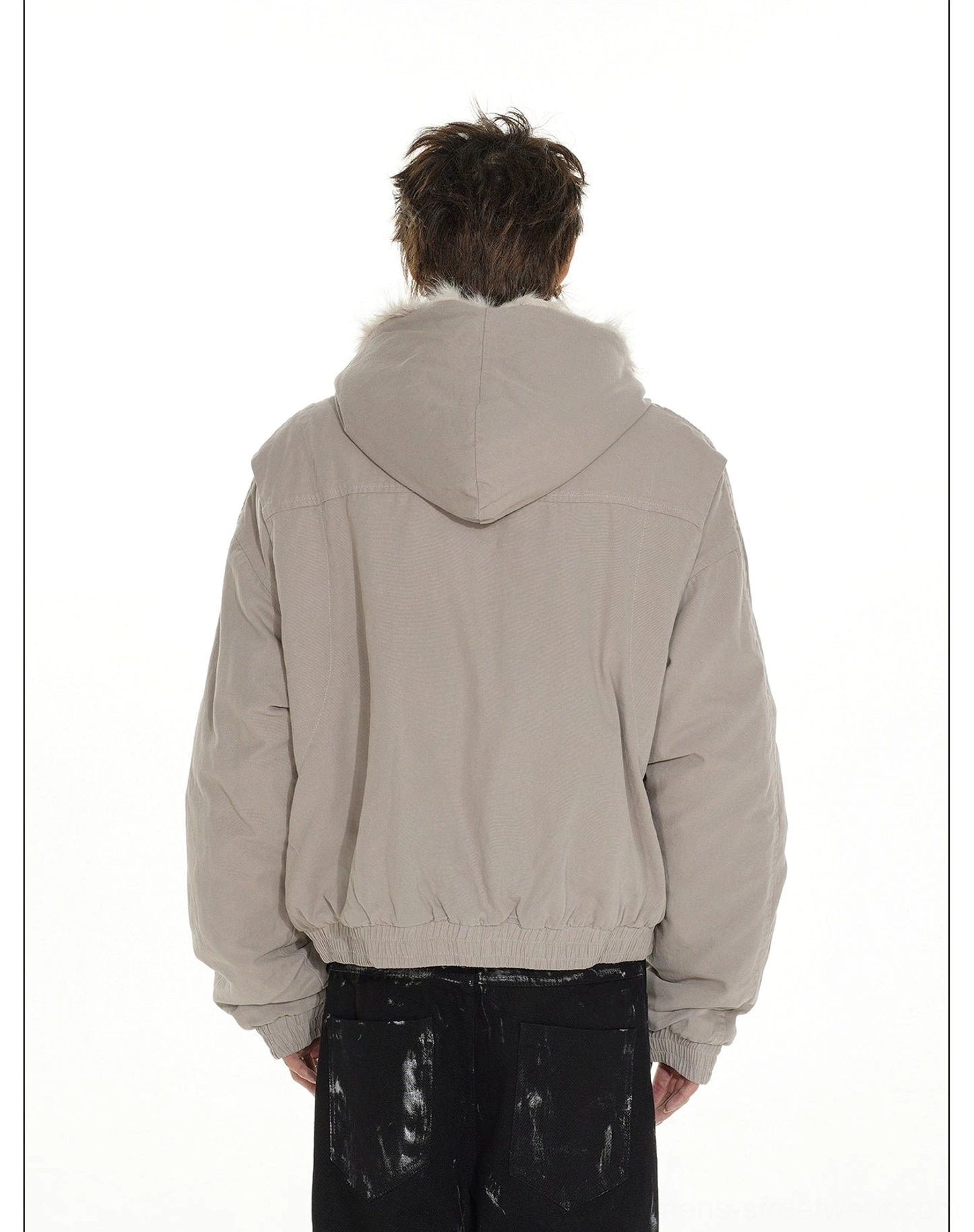 Streetwear hooded bomber jacket with imitation fox-effect faux fur trim and boxy cropped proportions