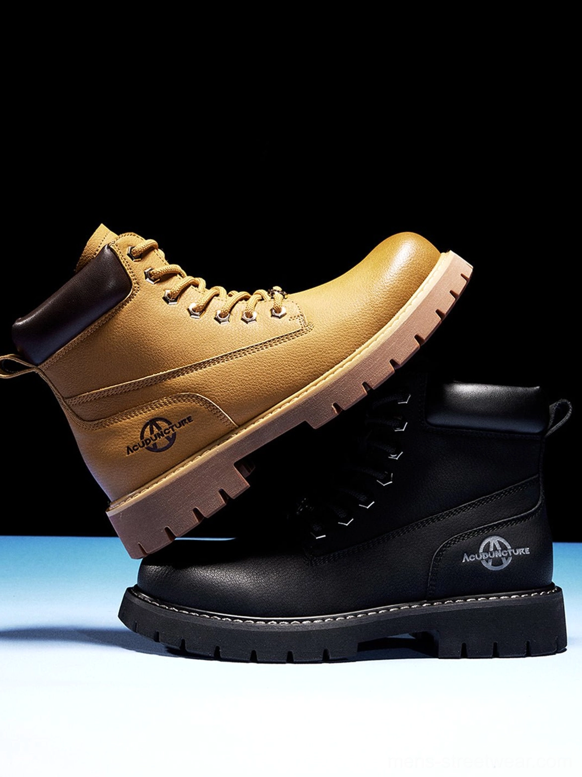 Streetwear lug sole ankle boots with adjustable lace-up detail and practical easy-on zipper closure