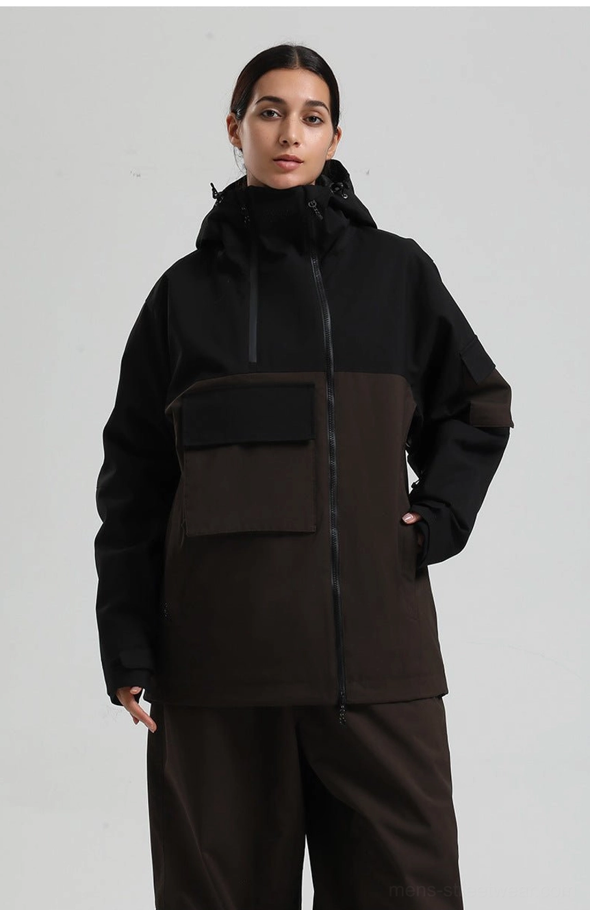 Streetwear snowboard jacket with graphic color panels, roomy silhouette, cargo flap pockets, windproof details, and insulated comfort