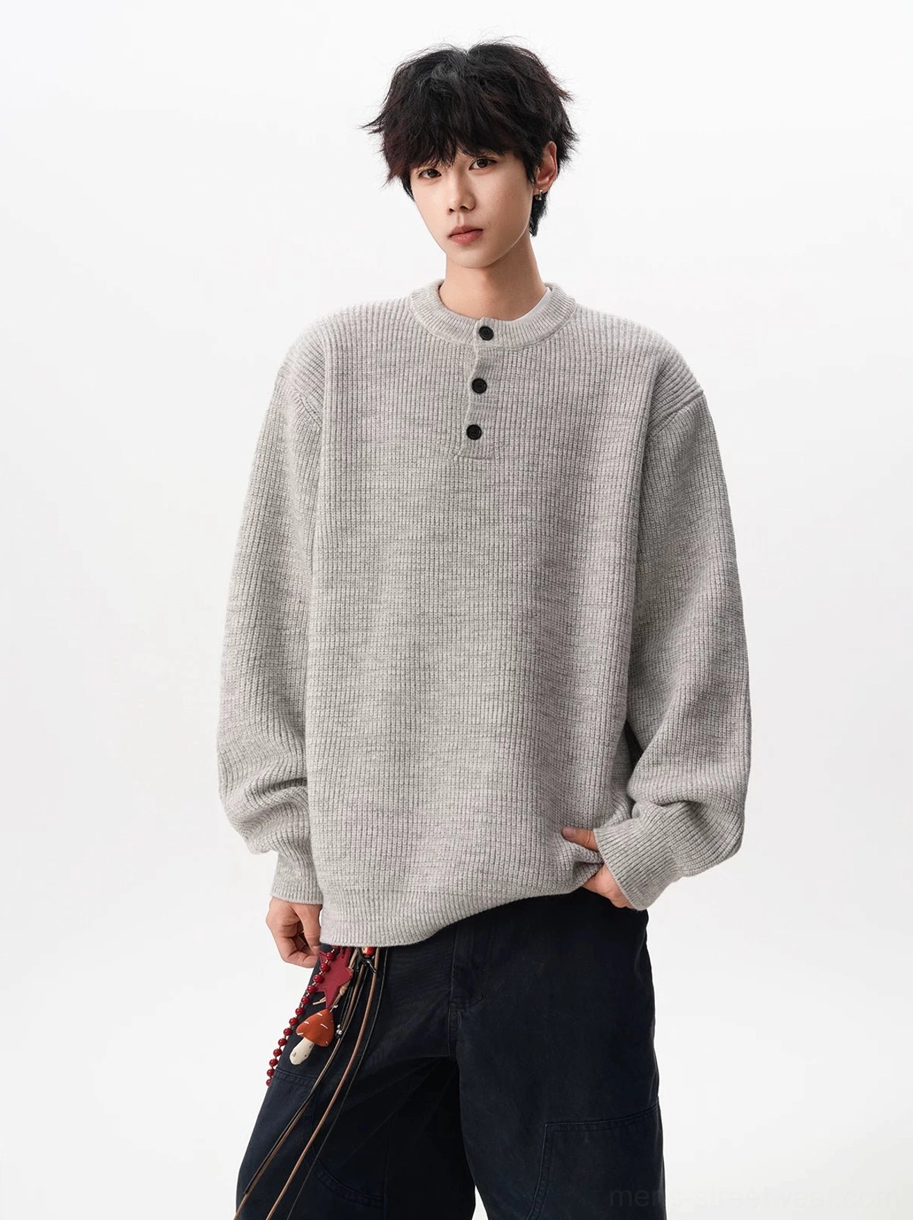 Streetwear waffle Henley knit sweater with relaxed shoulders and wide sleeves for everyday cool-weather outfits