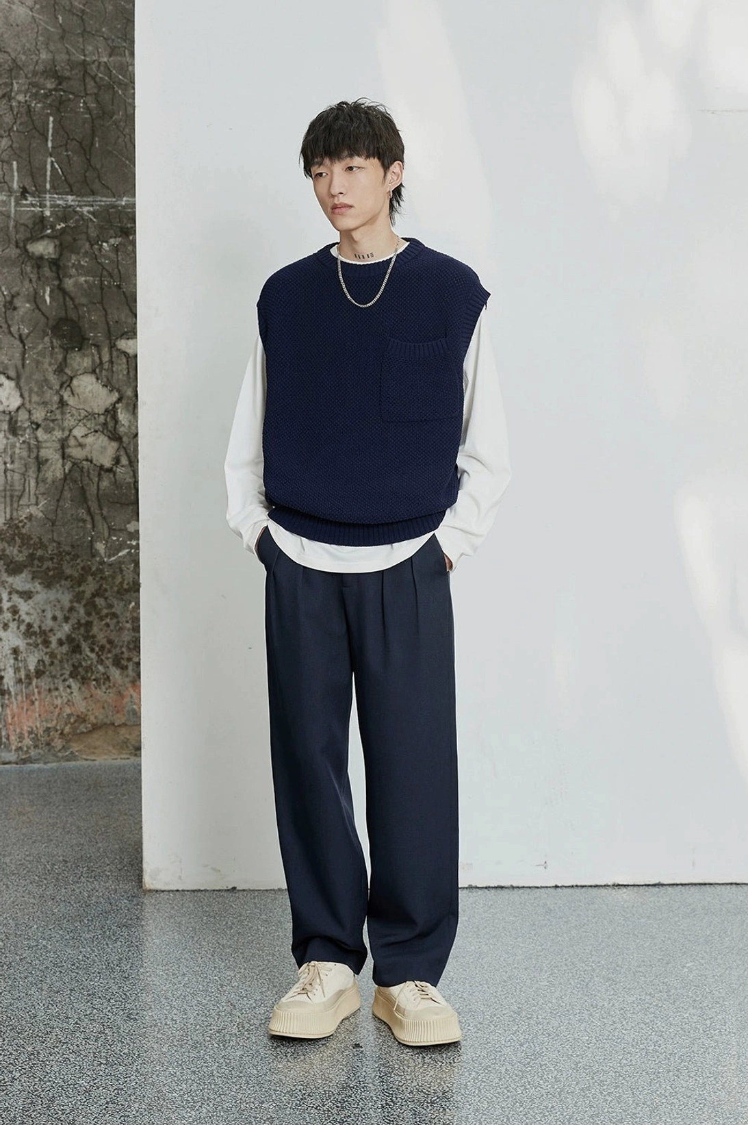 Structured yet relaxed mens dress pants for Korean style and urban streetwear outfits