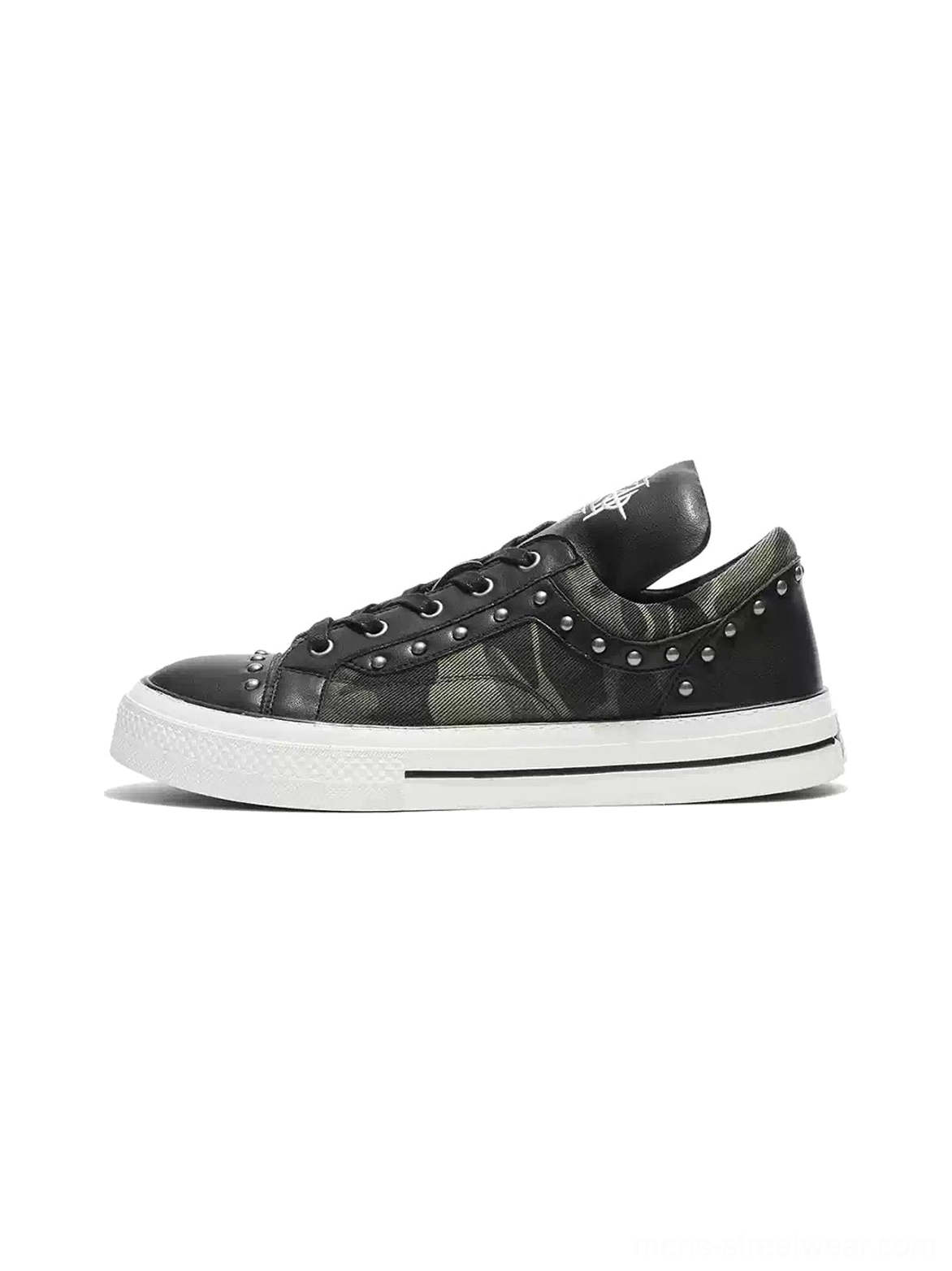 Studded camouflage panel platform sneaker in black synthetic leather with silver rivets and white rubber sole side view