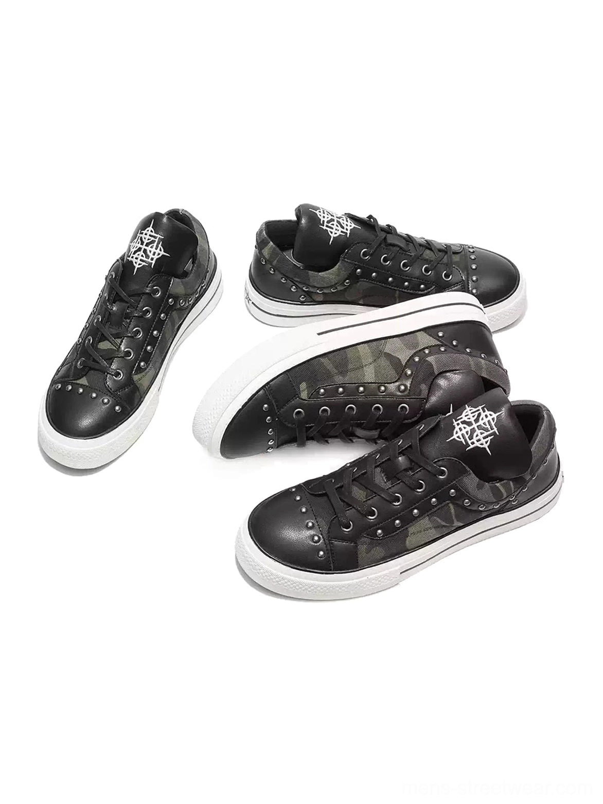 Multiple angle display of camouflage black and silver studded platform sneakers with elevated white rubber sole