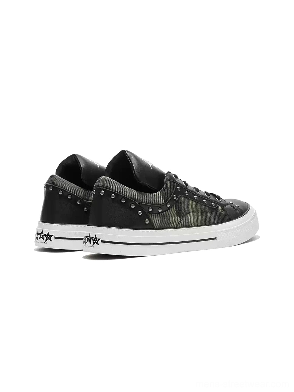 Rear lateral view of camouflage and black studded platform sneakers with white rubber outsole and heel details