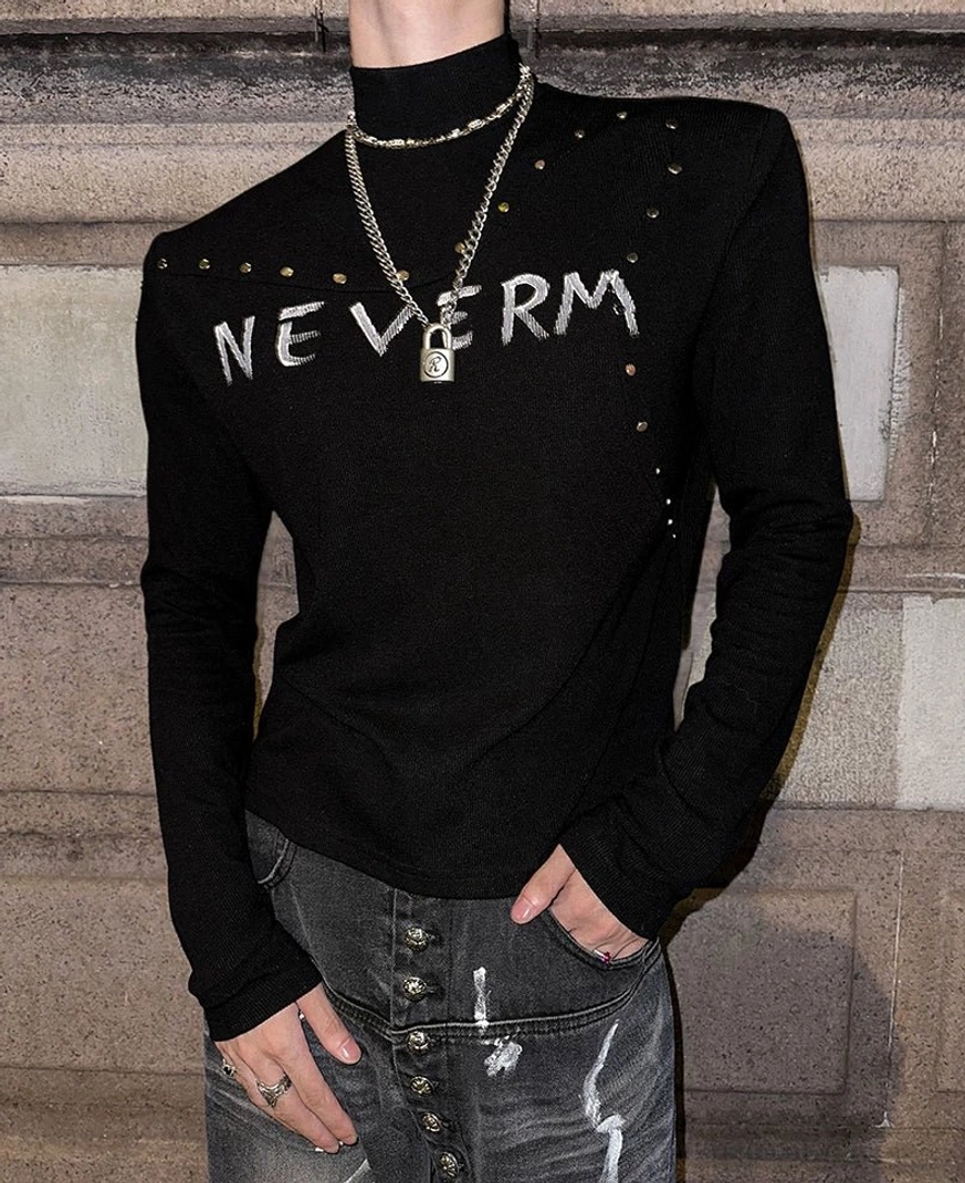 Stretched view of the studded gothic knit turtleneck sweater with graphic print and slim streetwear silhouette