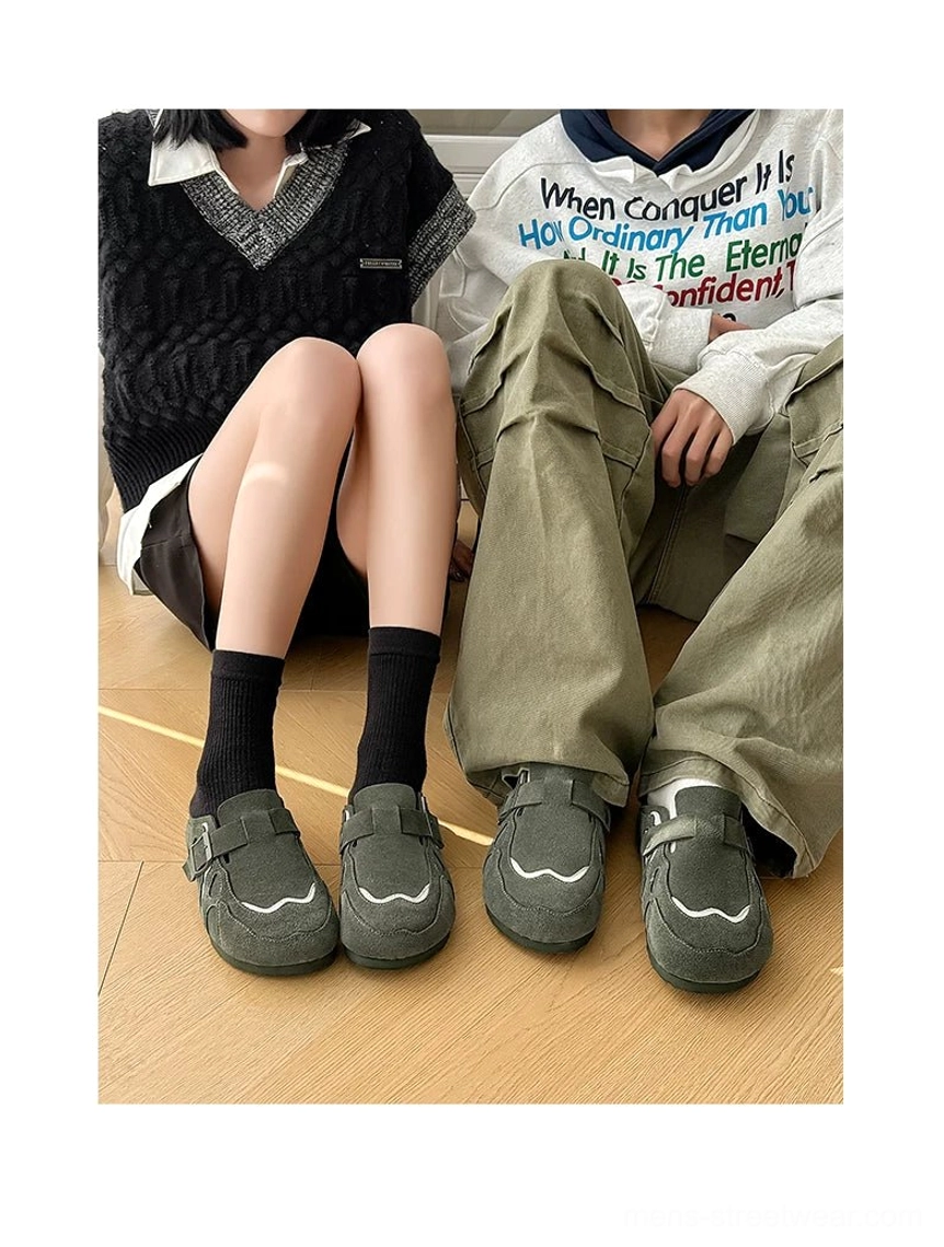 Suede buckle cork footbed clogs product view highlighting the layered tonal upper, adjustable strap, and thick streetwear outsole