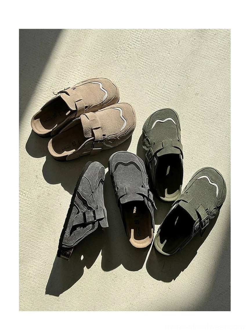 Top-down view of suede buckle cork footbed clogs in multiple neutral color options with layered upper panels and adjustable straps