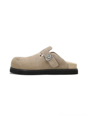 Khaki sun buckle suede slide clogs with rounded closed toe and thick black streetwear outsole side view