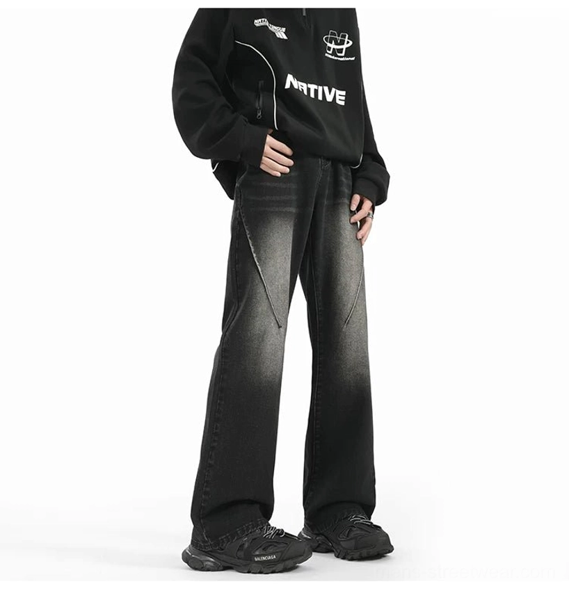 Sunfade Arc Flare Jeans product view showing long stacked hem, relaxed silhouette, and contemporary Korean streetwear influence
