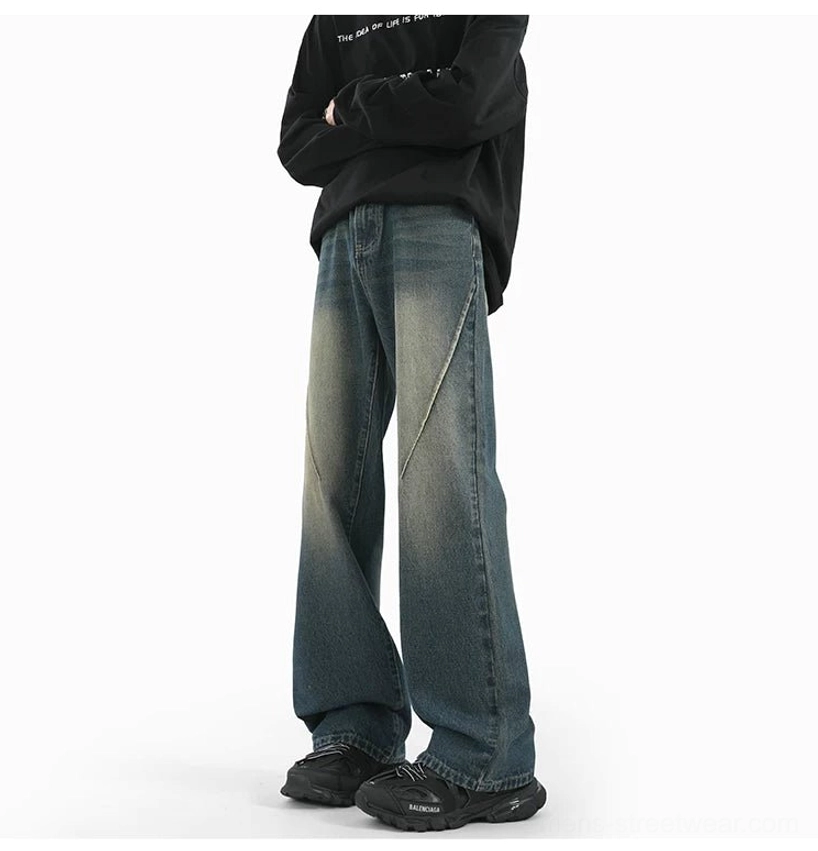 Sunfade wide-leg jeans product image highlighting faded denim texture, curved panel seams, and classic five-pocket design