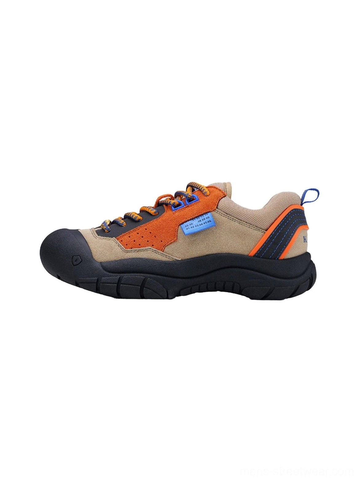 Side view of tan beige suede texture trail platform sneakers with orange panels orange and black laces blue accent patch and rugged black sole