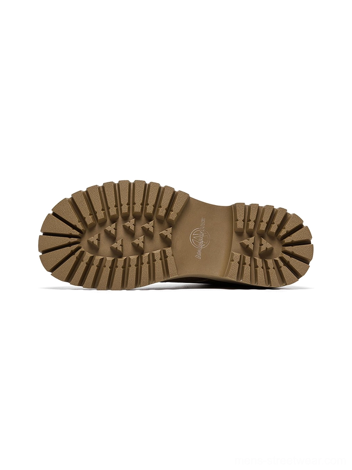 Tan distressed lug-sole boots with relaxed workwear shape for cargo pants and oversized streetwear
