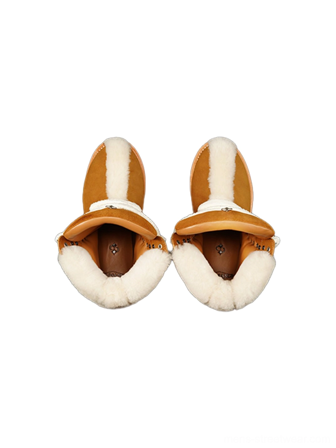 Top view of tan suede fleece-lined streetwear work boots showing plush white shearling interior, leather insole, and lace-up construction