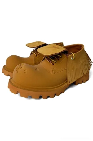 Tan fringe platform derby shoes displayed from multiple angles on a white studio background with artificial leather upper and chunky lug sole