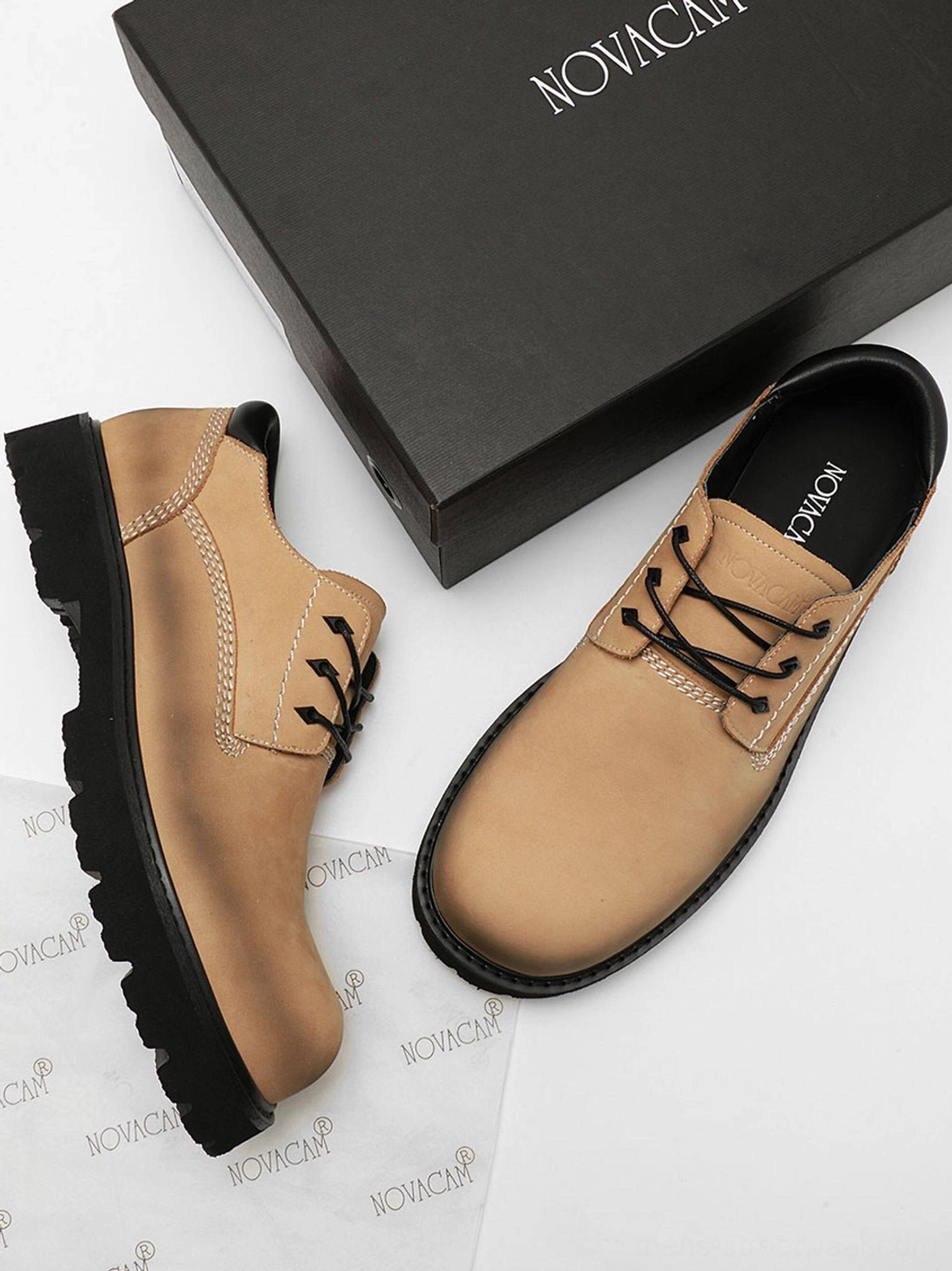 Tan full-grain leather streetwear derby shoes with contrast stitching and rugged black outsole