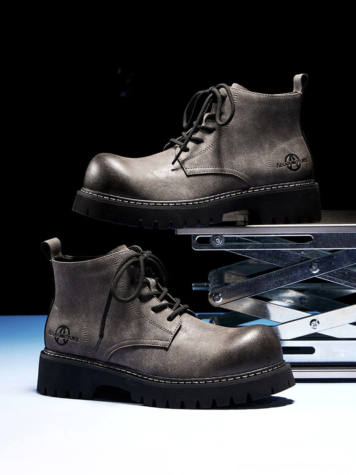 Tan Korean streetwear lug boots with bold sole and neutral synthetic leather upper shown in product imagery