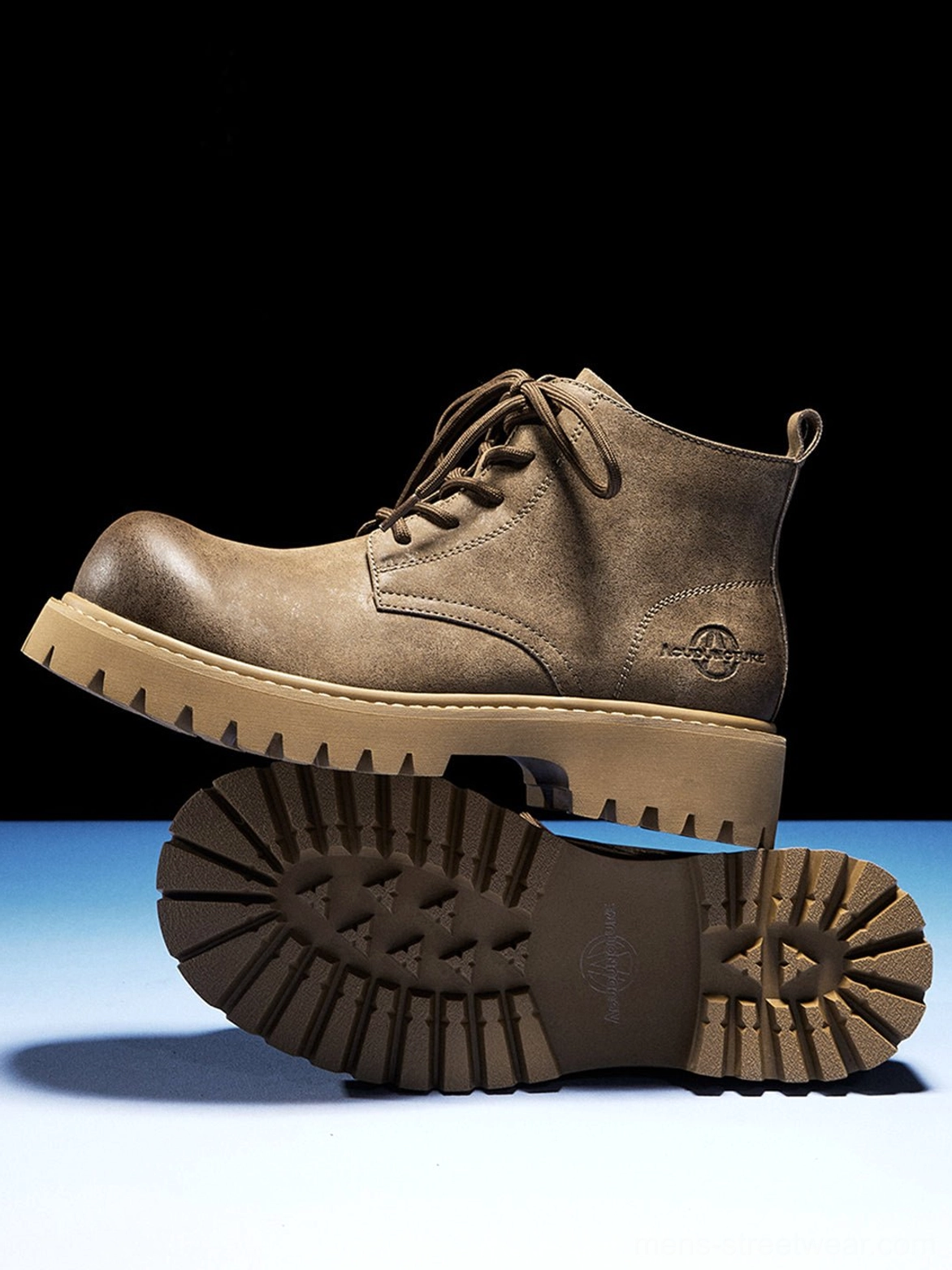 Tan Korean-style work boots featuring a rounded toe, padded collar, and rugged utility sole