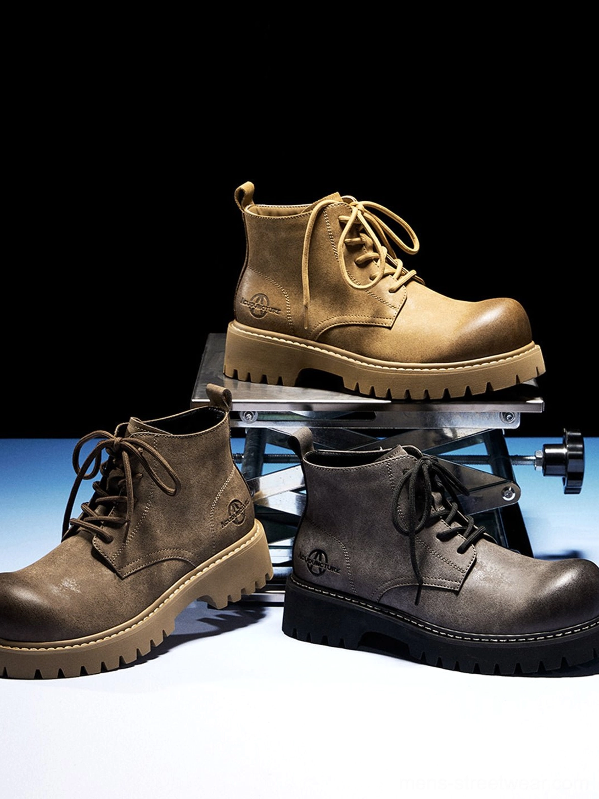 Tan lace-up round-toe boots with chunky lug sole for modern workwear and Seoul fashion styling