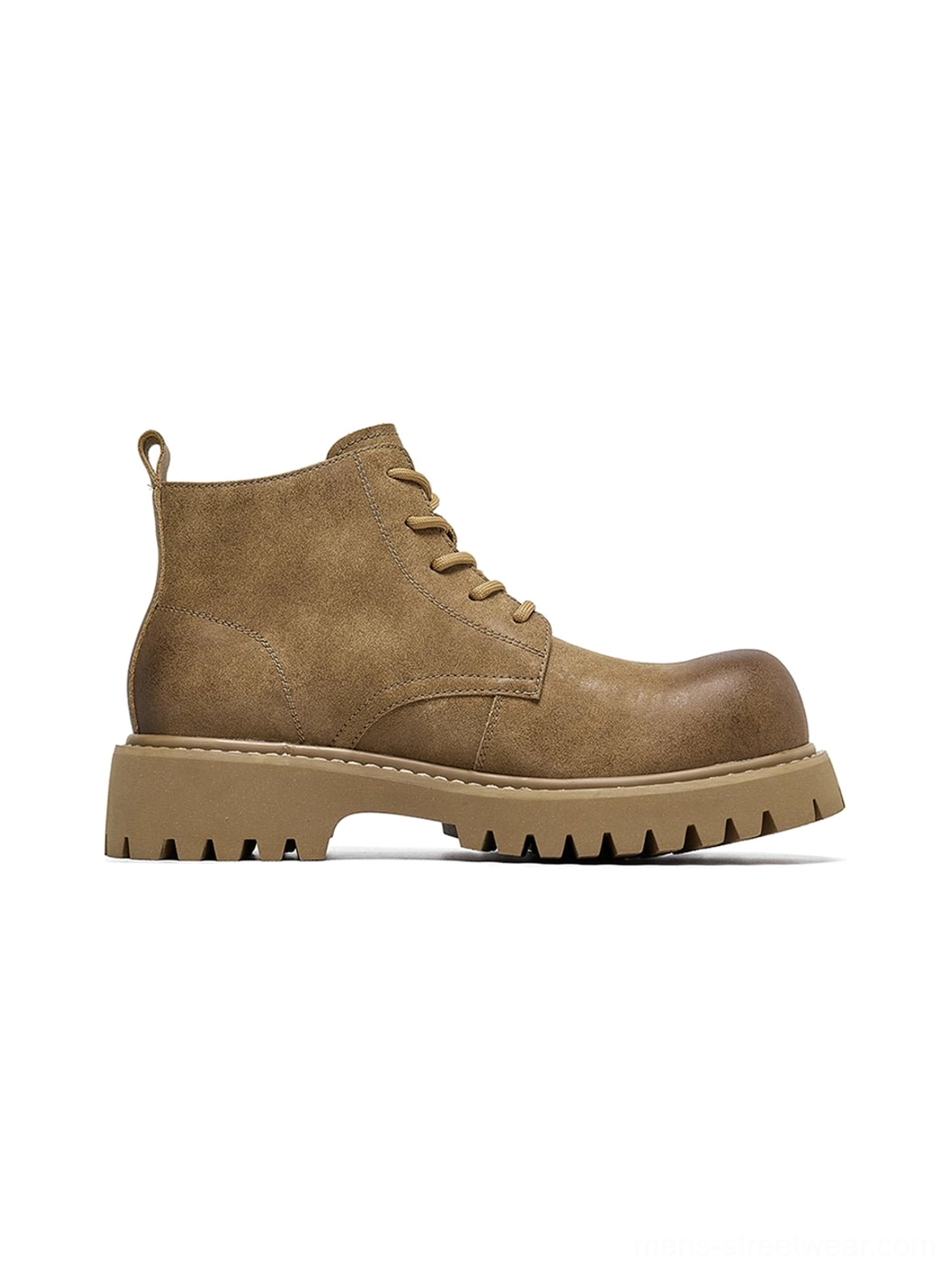 Tan lace-up streetwear boots with worn-in finish and deep tread shown in a neutral product setting