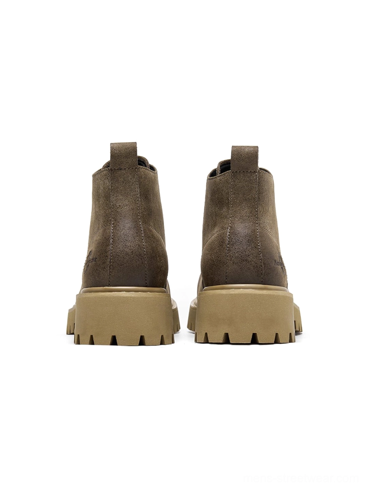 Tan lace-up work boots with rugged tread and clean profile for Japanese-inspired streetwear styling